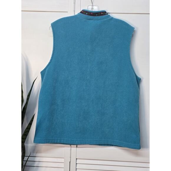 Susan Graver Fleece Vest Womens Medium Turquoise with Floral Trim Full Zip - Picture 6 of 6